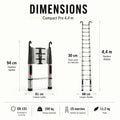 Schéma des dimensions de l'échelle télescopique Compact Pro de 4,4 m pliée et dépliée