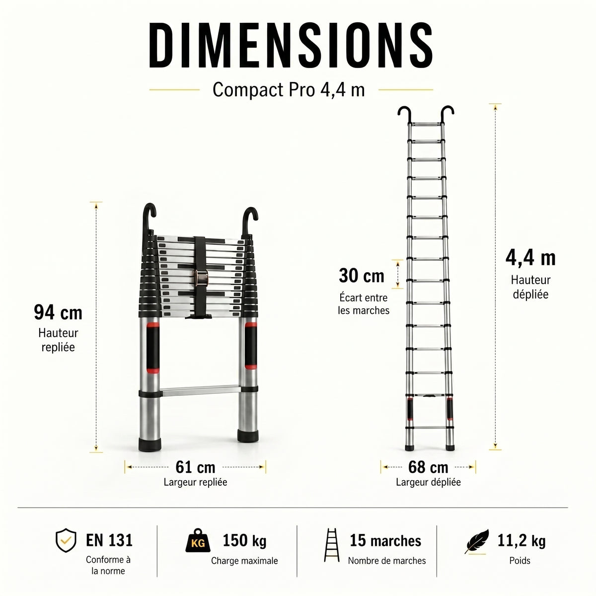 Schéma des dimensions de l'échelle télescopique Compact Pro de 4,4 m pliée et dépliée