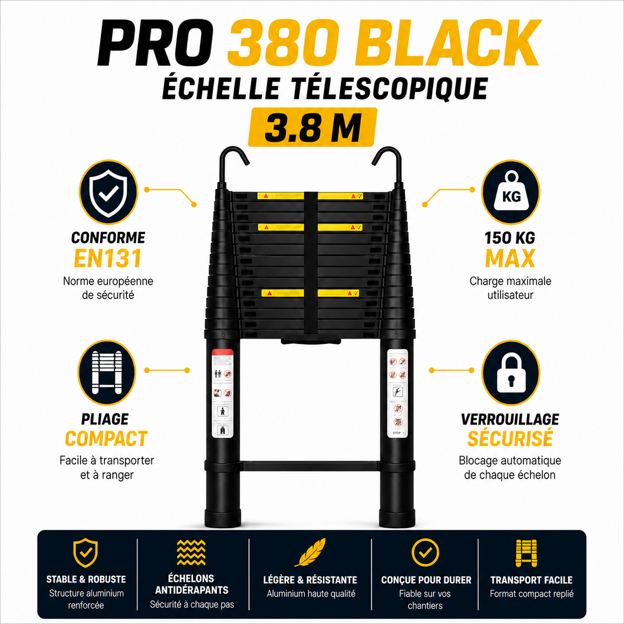 Pro 380 Black  Echelle Telescopique 3,8 m Noire