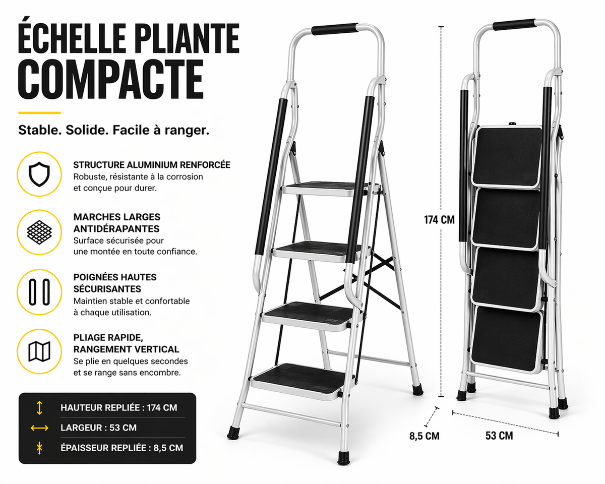 MaxiStep Pro 4, échelle pliante 4 marches, stabilité renforcée